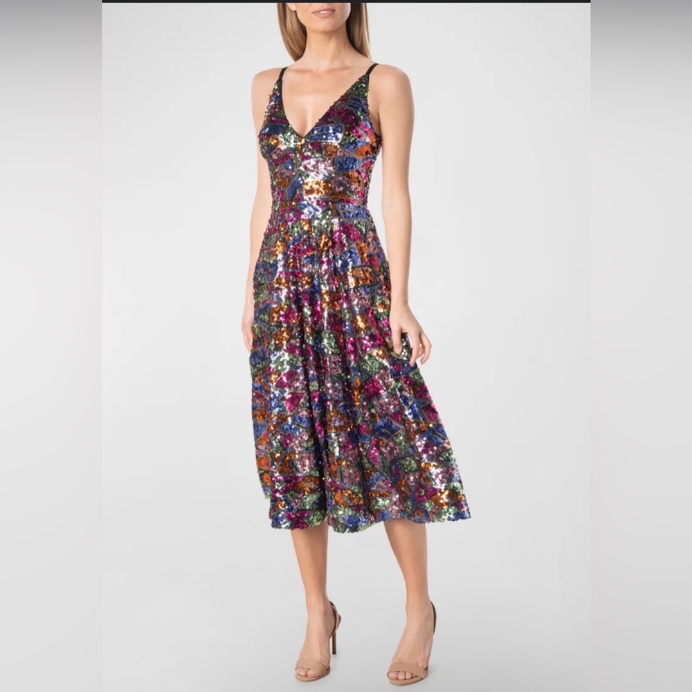 Dress the Population V-Neck Sequin Dress in Purple and Green